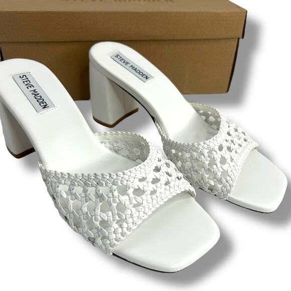 Steve Madden White Woven Heels Size 7 Slip On Mules Rafia Boho Beach Sandals - Picture 11 of 12